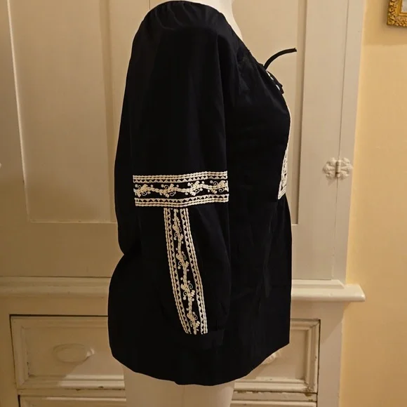 NWT Charter Club black cotton top with white embroidery Sz 2P - Picture 3 of 7